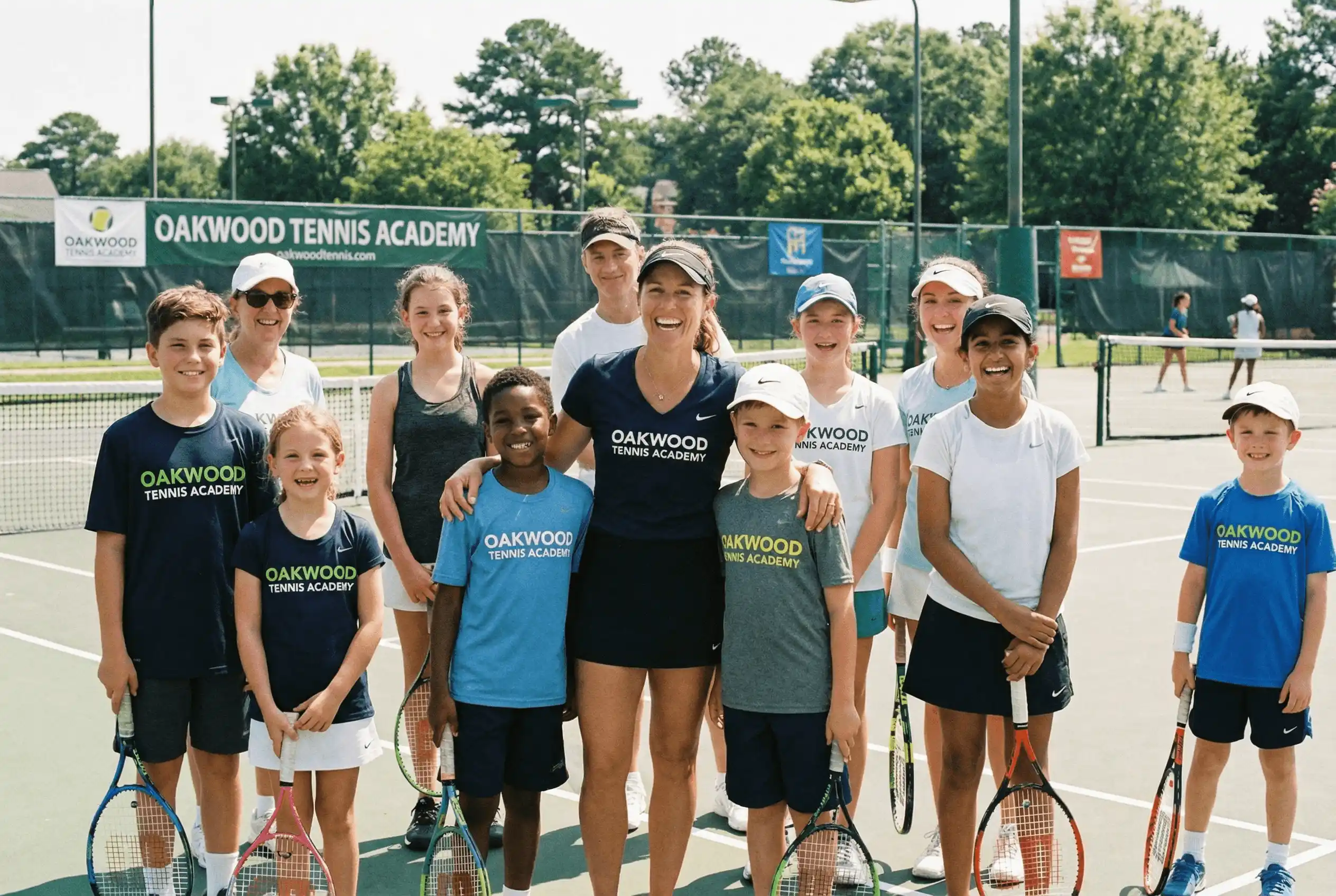 مجموعة من لاعبي التنس يقفون مع المدرب على ملعب تنس في أجواء صحراوية