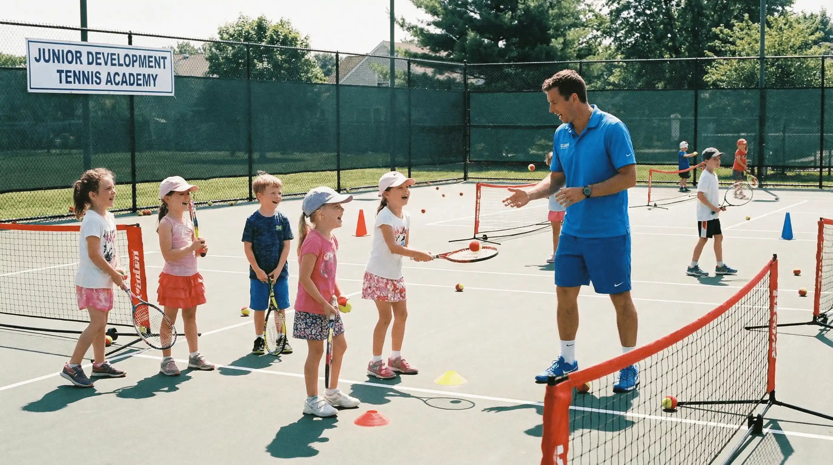 تدريب لاعب ناشئ على تقنيات التنس الأساسية في ملعب عشبي